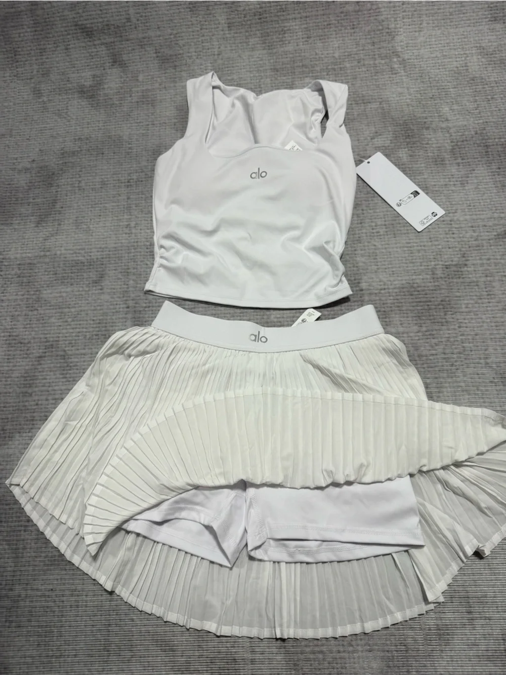 ALO Yoga White Pleated Skater Skirt with Matching White Crop Tank